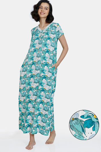 Buy Zivame Blotched Bloom Woven Full Length Nightdress - Florida Key